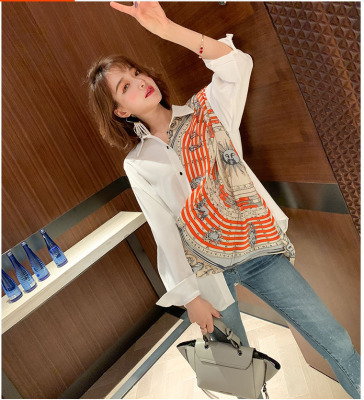 Vintage Printed Scarf Personality Stitching Lapel Casual All-Matching Shirt Women's Clothing 20 Summer New