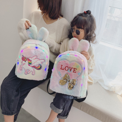 Autumn and Winter New Plush Light Backpack Women's All-Match Colorful Furry Rabbit Backpack Children's Schoolbag Foreign Trade