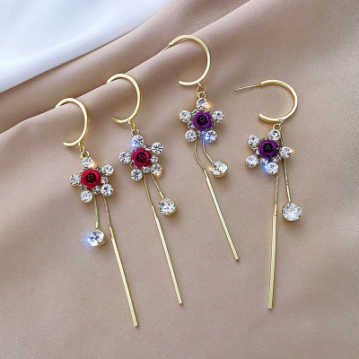 Rose Long Fringe Earrings Women's Mori Style Preserved Fresh Flower Face Slimming Jeweled Earrings New Trendy Korean Online Influencer Earrings