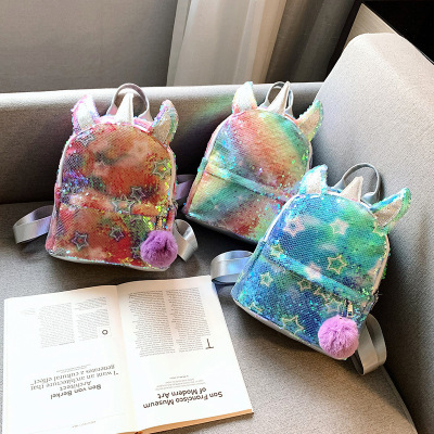 New Sequin Backpack Women's Japanese and Korean Fashion Colorful Children's Bags Band Fur Ball Cute Student Unicorn Backpack