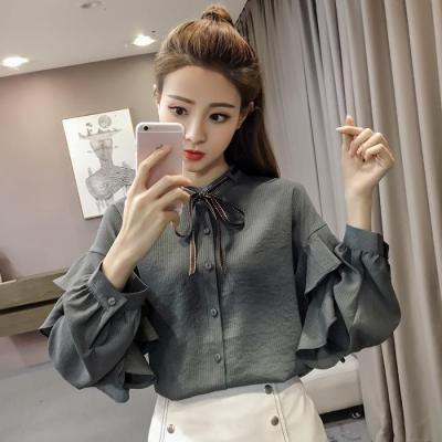 Ruffled Design Sense Niche French Stand Collar Ribbon Bow Top Women's Autumn Clothing Batwing Sleeve Striped White Shirt