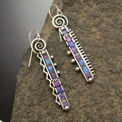 Rong Yuomei 925 Silver-Plated Long Comb Tooth Abstract Rainbow Earrings Creative Zigzag Rainbow Purple Blue Earrings