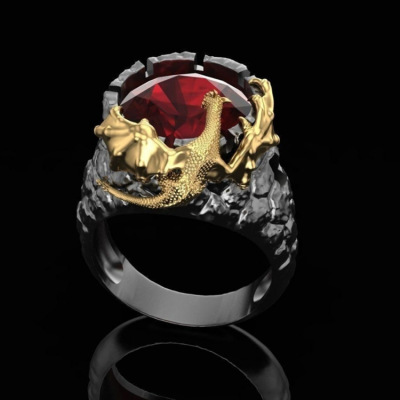 Rongyu Wish New European and American Punk Gothic Rock Personality Gold Two-Color Ruby Dragon Ring New Men's Ring