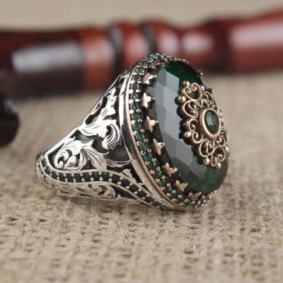 Rongyu New European and American 925 Green Zircon Diamond Studded by Hand Men's Ring Amazon Gemstone Retro Ring