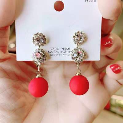 Red Fashion Rhinestone Long Pearl Earrings Sterling Silver Needle Popular All-Matching Graceful Earrings