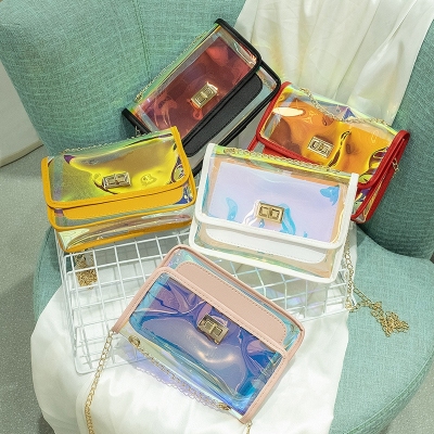Women's Small Bag 2020 New Contrast Color Colorful Transparent Double-Layer Chain Lock Small Square Bag Fashion Leisure Phone Bag