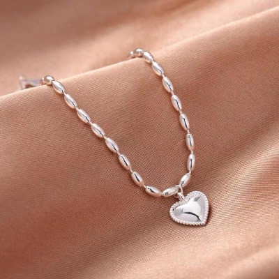Korean Style S925 Silver Three-Dimensional Heart-Shaped Simple Ins Cool Style Rice Grain Heart-Shaped Bracelet
