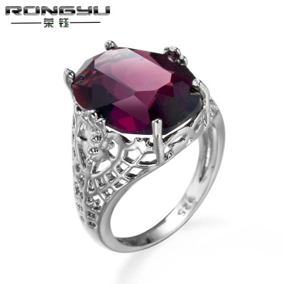 Rongyu 2020 Hot Sale Bracelet Manufacturer Hot Sale in Europe and America Flower Hollow Carved 925 Purple Zircon Ring for Women