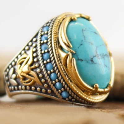 Rongyu Foreign Ornament Wholesale European and American Personalized Retro Punk Gem Turquoise Men's Titanium Steel Alloy Ring