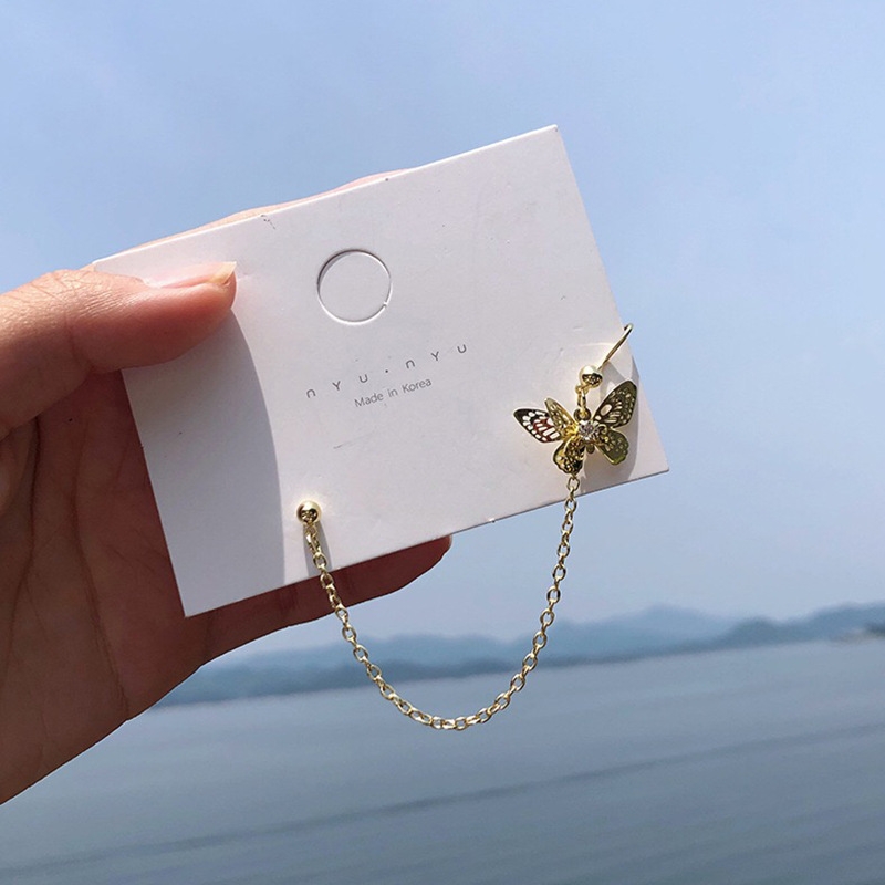 S925银针立体感蝴蝶耳环创意链条式耳骨夹~新潮金属质感小众耳饰