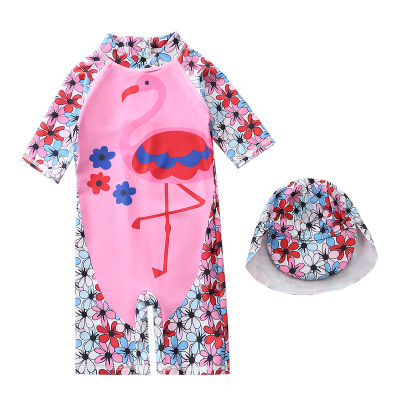 Children's Swimsuit Girls' One-Piece Flamingo Hooded Swimsuit Long Sleeve Beachwear Sun Protection Baby Baby Swimsuit