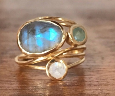 Rongyu Plated 24K Gold Inlaid Colorful Moonstone Ring European and American Women's Creative Multi-Layer Simulation Shell Ring