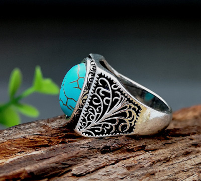 Rongyu Wish Hot Sale European and American Retro Turquoise Ring 925 Thai Silver Vine Carved Personalized Men's and Women's Ring