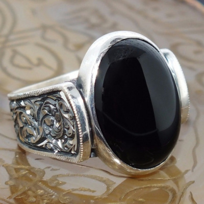 Rong Yuomei Retro Court Black Agate Creative Ring Japanese and Korean Style Plated 925 Vintage Engraving Jewelry Wholesale