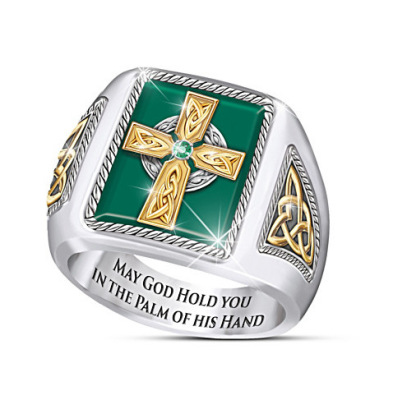 Rong Yu Wish Hot Sale Irish Celtic Blessing Ring 18K Gold Plated Cross Grandmother Green Ring for Men