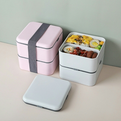 Y86-YJ819 Double-Layer Square Lunch Box with Rice Portable Leakproof Lunch Box Student Bento Box Microwave Heating