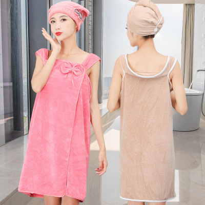 Wholesale Coral Fleece Style Variety Wearable Bath Towels Thickened Bath Skirt Shower Cap Set Women's Strap Tube Top Super Absorbent