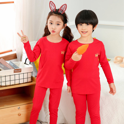 New Children's Thermal Underwear Red Flower Boys and Girls Birth Year round Neck Autumn and Winter Soft Wool Autumn Suit