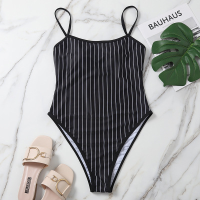 Foreign Trade New One-Piece Swimsuit Woman Striped Retro Women's Swimwear Conservative European and American Swimsuit