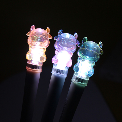 Creative LED Light Bullhead Cartoon Gel Pen Cute Study Stationery Water-Based Sign Pen Factory Direct Sales