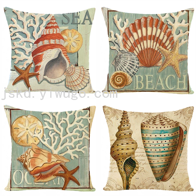 新款海洋生物亚麻印花抱枕套 样板间装饰靠枕  汽车靠背 沙发靠垫