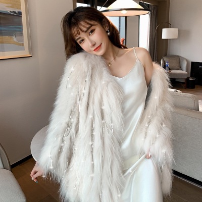 High-End Custom Biling Rhinestone Tassel Sequins Spokes Raccoon Fur Woven Faux Fur Coat Women's Short Internet Celebrity
