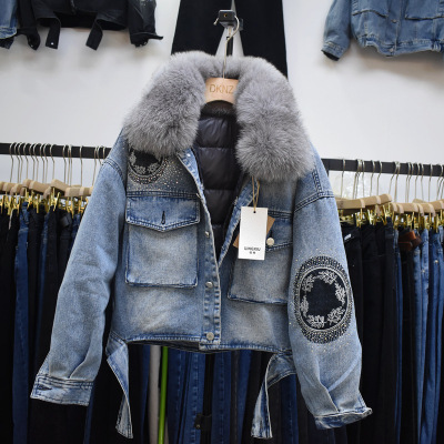 Winter Embroidery Hot Drilling Super Large Real Fox Fur Collar 90 White Duck down Detachable Liner Denim down Jacket