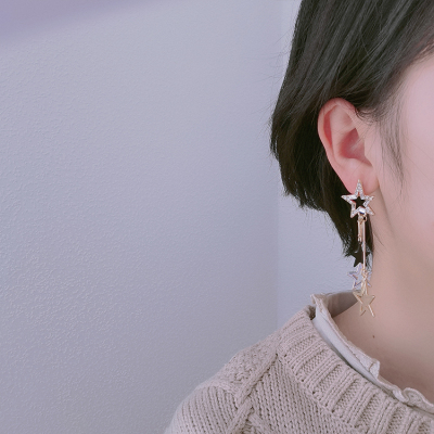 Korean Dongdaemun Five-Pointed Star Asymmetric Earrings Personality Metal Rhinestone Earrings Temperament Earrings for Women