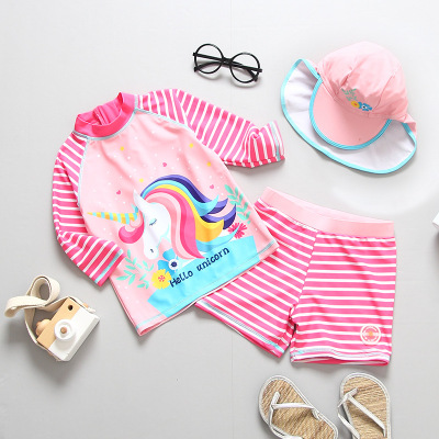 Korean Hot-Selling Children's Swimsuit Ins Unicorn Medium and Large Children's Long Sleeve Sunscreen Infant Girls' Two-Piece Swimsuit