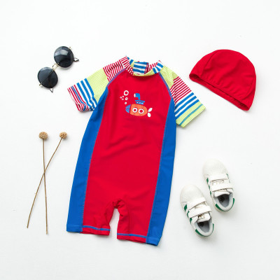 Korean Style Children's Swimwear Boy Cute Diver Ethnic Striped Style One-Piece Sun Protection Surfing Suit Hooded