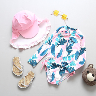 Exported to South Korea One-Piece Sun Protection Anti-UV Girl Baby Beach Swimsuit Girl Princess Long Sleeve Sunscreen Swimwear