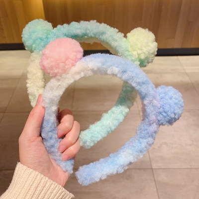 Lambswool Tie-Dyed Bear Ears Headband Women's Korean-Style Fashionable All-Match out Headband Face Wash Pressure Hair Band Korean Hair Accessories