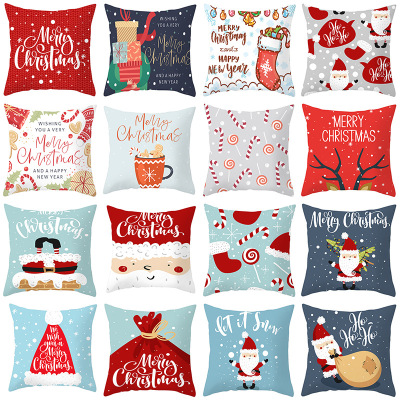 Santa Elk Peach Skin Fabric Pillow Cover Holiday Home Decoration Office Sofas Cushion Cover Wholesale