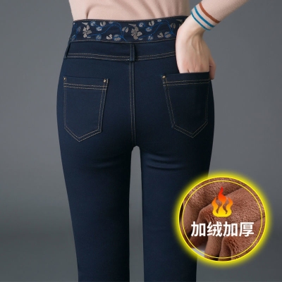 Fleece-Lined Thick Jeans Women's Fall Winter Fashion Mom Pants Stretch All-Matching Middle-Aged Women's Pants High Waist Large Straight-Leg Pants