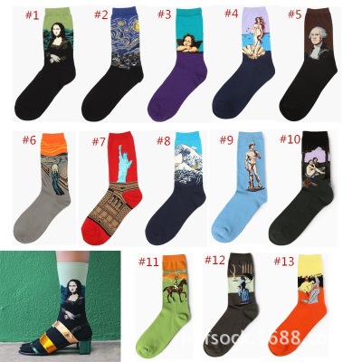 Autumn and Winter Western Christmas Abstract Oil Painting Mona Lisa Retro Artistic Male and Female Couple Socks