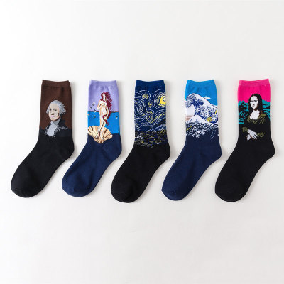 Spring and Summer Western Christmas Abstract Oil Painting Mona Lisa Retro Artistic Male and Female Couple Socks Cotton Socks