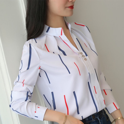 20 European and American Loose Striped Stand Collar Women's Shirt Long Sleeve White Women's Summer Autumn New Style Top Print