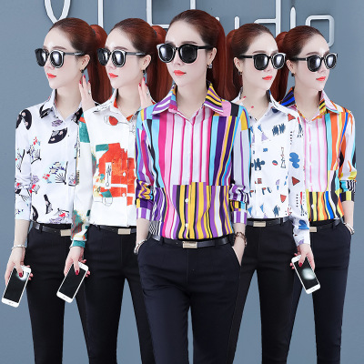20 Spring and Autumn New Net Red Printing Shirt Women's Long-Sleeved Shirt Bottoming Shirt Women's Summer Korean Style Slim Fit Large Size