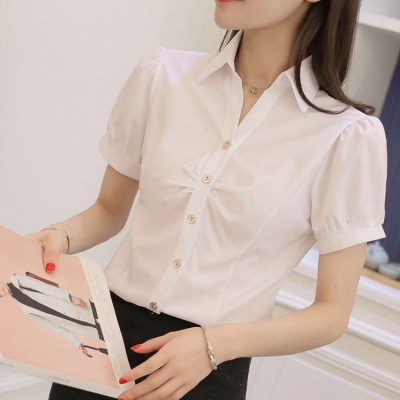 Korean Style Chiffon White Shirt Women's Summer Short Sleeve Business Wear Sky Blue Formal Wear V-neck plus Size Half Sleeve Shirt Women's OL