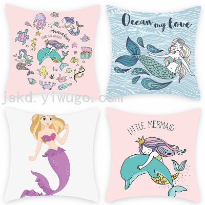 Mermaid Cartoon Digital Printed Pillowcase Sofa Living Room Pillows Bedroom Bay Window Cushion Model Room Backrest