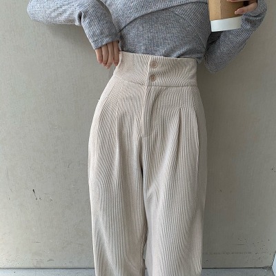 2020 Autumn and Winter New High Waist Loose Straight Trousers Draping Ins Mop Pants Corduroy Casual Wide-Leg Pants