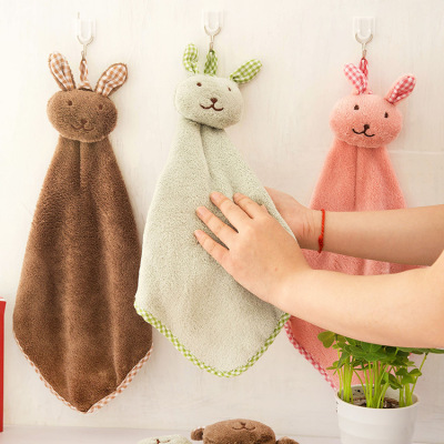 Cute Rabbit Small Square Towel Kitchen Bathroom Hanging Hand Towel Coral Velvet Hand Towel Dishcloth