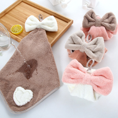 New High Density Coral Velvet Heart Affixed Cloth Embroidered Bow Hand Towel Heart Embroidery Towel Hanging