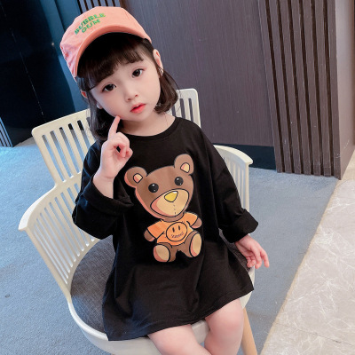 2021 Spring New Bear Long T-shirt Skirt Korean Style Long Sleeve Baby Girl Top One Piece Dropshipping Cartoon Children's Clothing