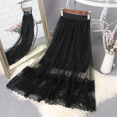 Summer New Lace Mesh Skirt Women's Mid-Length High Waist Slimming Gauze Skirt A- Line Dress Puffy Pleated Skirt