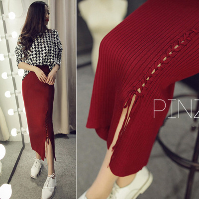 Autumn and Winter New Korean Style Tied Split High Waist Knitted Slim-Fit Sheath Dress One-Step Skirt Wool Skirt