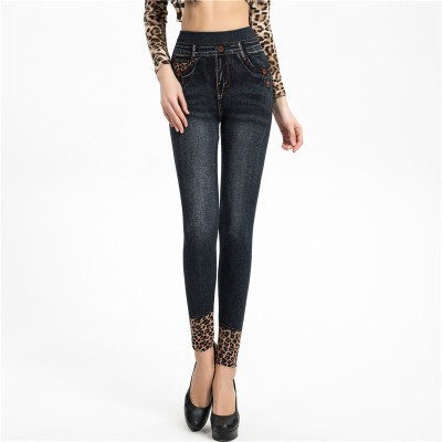 European Station Wish AliExpress Leopard Print Imitation Denim Leggings Elastic Slim Fit Slimming Foreign Trade Women Cropped Pants