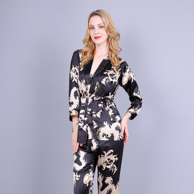 Yanman New in Spring and Autumn Artificial Silk Couple Women's Pajamas Wholesale Bathrobe Casual Three-Piece Suit Homewear Suit