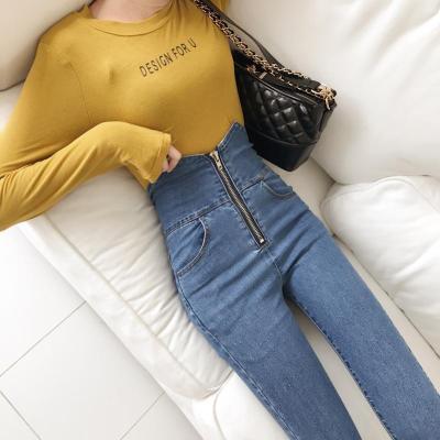 Spring and Autumn New Korean Style Ultra High Waist Show Thin Black Ankle-Length Pants Versatile Stretch Tight Light Blue Jeans for Women