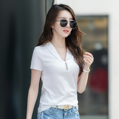 Spring and Summer Slim-Fit White Split New Solid Color and V-neck Button Short-Sleeved T-shirt Women's Cotton Top One Piece Dropshipping 6921